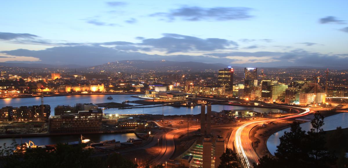 Aerial view of Oslo city in the evening